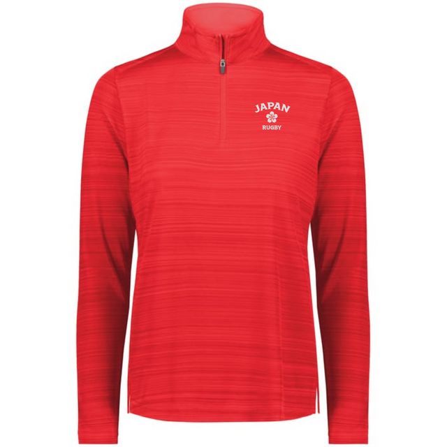 The EMB Augusta Women's Nations of Rugby Japan Pursuit 1/4 Zip Pullover features "JAPAN RUGBY" and a cherry blossom logo on the left chest—perfect for fans seeking stylish Japan rugby apparel.