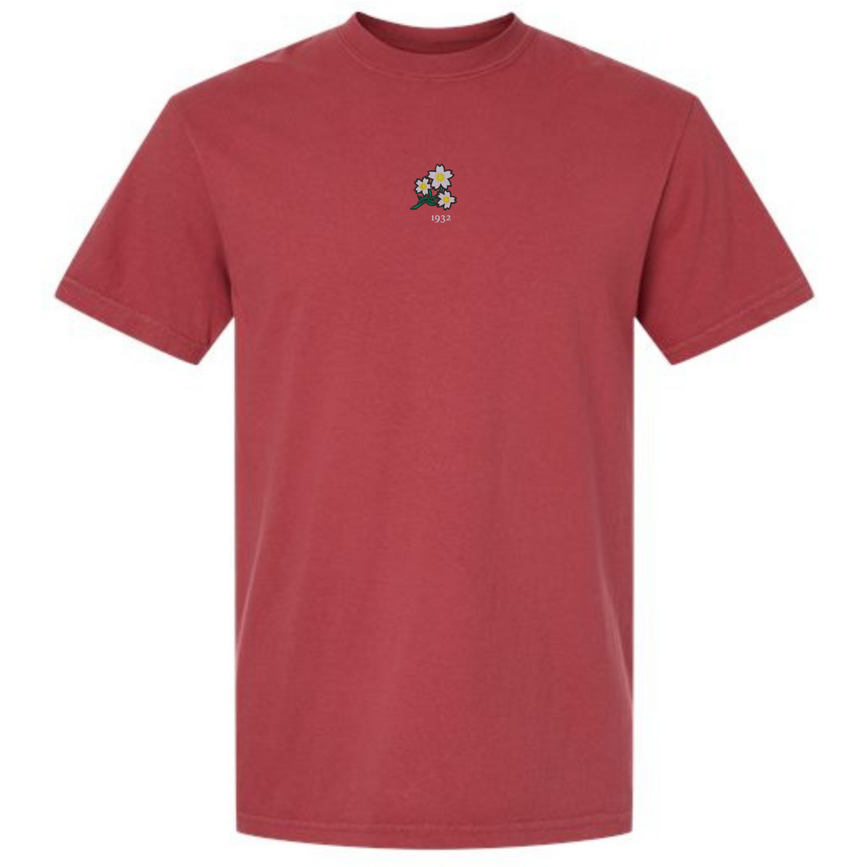 The EMB S&S Activewear Japan Vintage Comfort Tee features a plain red design with a small embroidered floral graphic and "1931" on the chest, bringing timeless charm to your wardrobe.