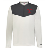 The EMB Augusta Nations of Rugby Japan Sideline Grid 1/4 Zip Pullover features white and dark gray colors, a quarter zip collar, "JAPAN RUGBY" text, and a red cherry blossom emblem on the left chest.