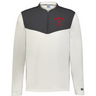 The EMB Augusta Nations of Rugby Japan Sideline Grid 1/4 Zip Pullover features white and dark gray colors, a quarter zip collar, "JAPAN RUGBY" text, and a red cherry blossom emblem on the left chest.