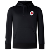The EMB Canterbury Japan Shield Club Lightweight Hoodie is a black hoodie with a drawstring hood, front pocket, and an embroidered red and white shield emblem on the chest for Japan supporters.