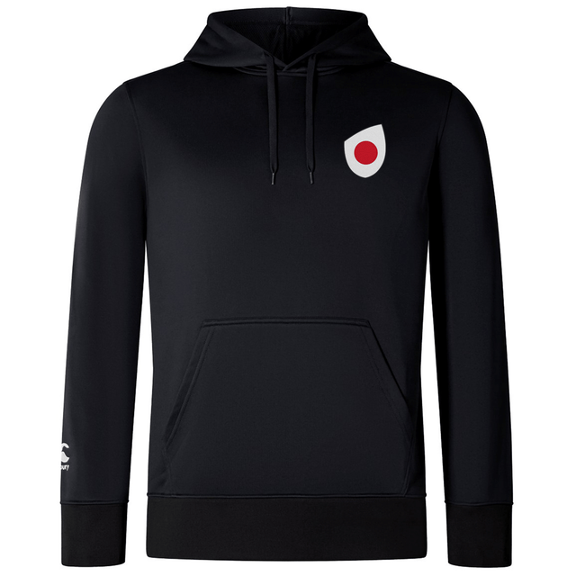 The EMB Canterbury Japan Shield Club Lightweight Hoodie is a black hoodie with a drawstring hood, front pocket, and an embroidered red and white shield emblem on the chest for Japan supporters.