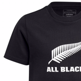 The All Blacks Logo Tee by adidas is a black T-shirt adorned with a silver fern graphic and bold "ALL BLACKS" text. The iconic adidas logo on the collar pays homage to New Zealand's legendary rugby team.