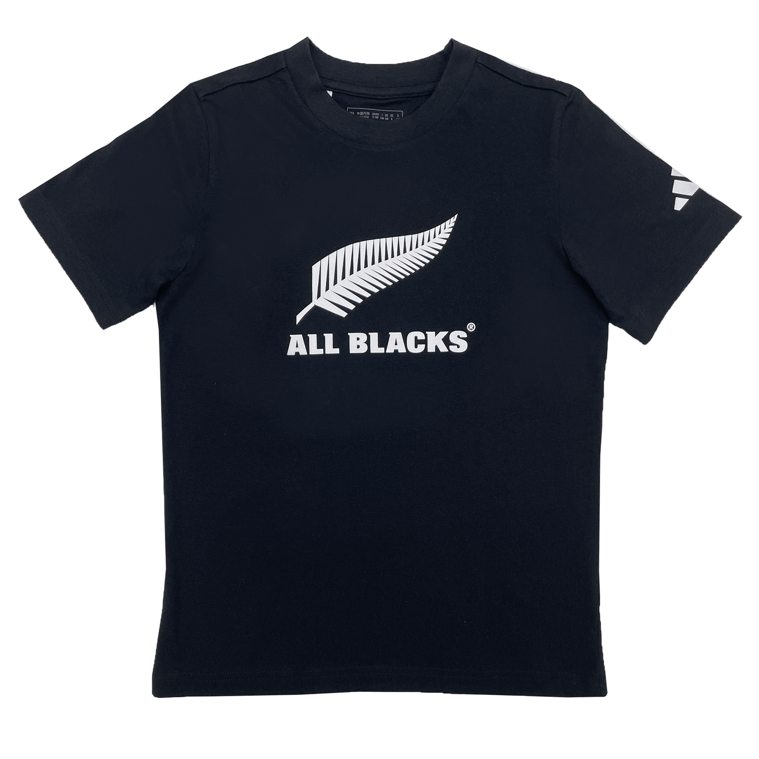 The Youth All Blacks Logo Tee by adidas is a black T-shirt featuring a white fern leaf design and the iconic "ALL BLACKS" text on the front.