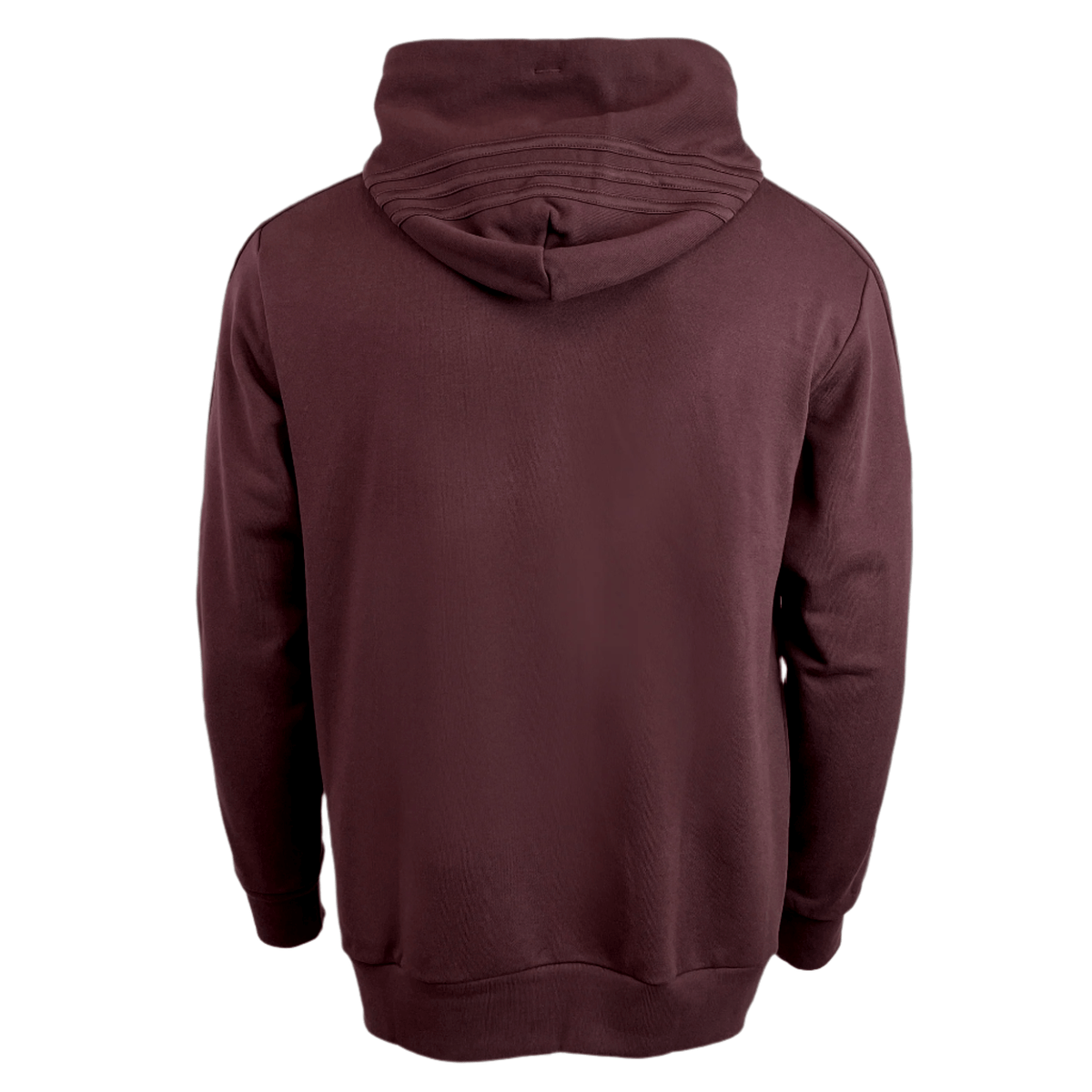 Back view of the All Blacks 24/25 Fan Rugby Hoodie by adidas in plain maroon, featuring long sleeves, ribbed cuffs, and waistband, displayed on a white background—a perfect addition to any New Zealand rugby fan’s apparel collection.