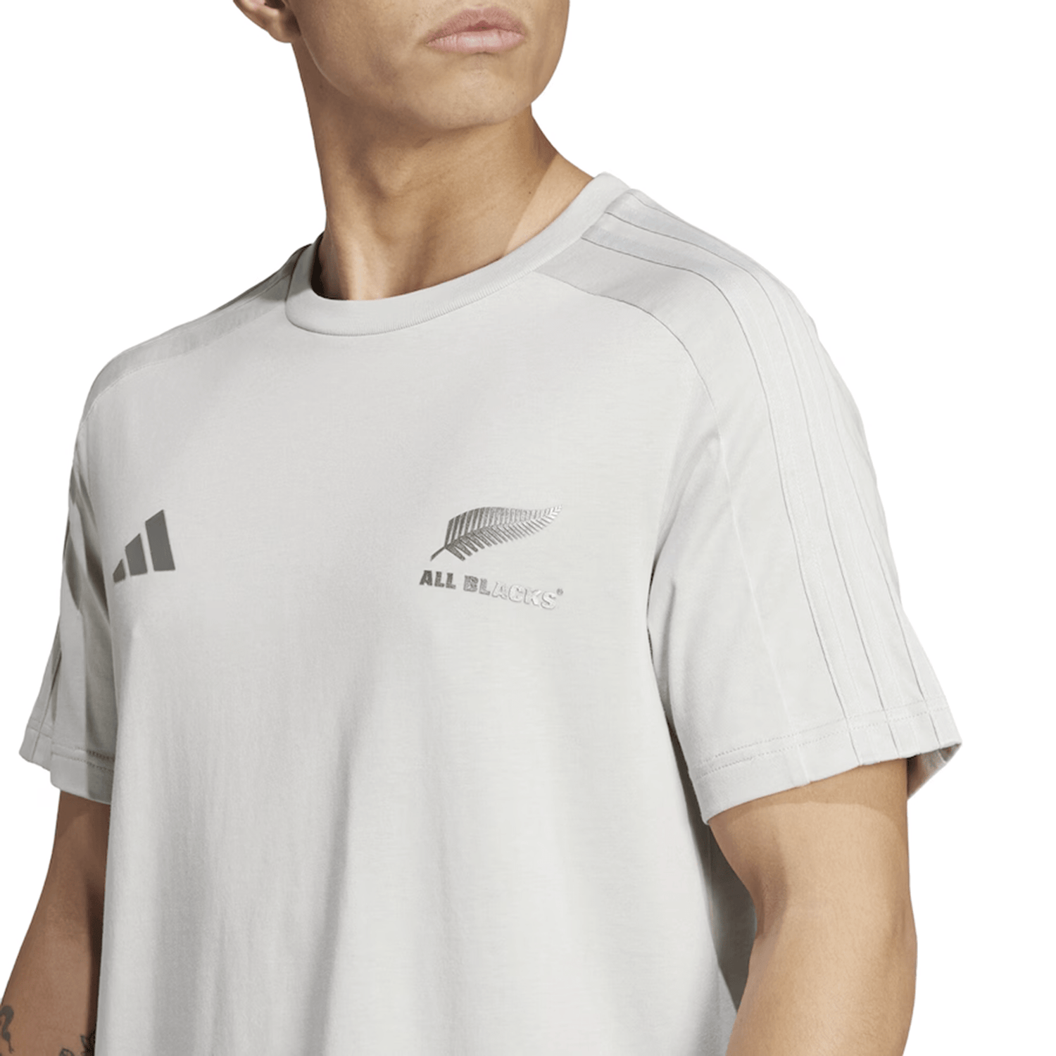 A person wearing the adidas All Blacks 24/25 Fan Tee, showcasing "ALL BLACKS" and a fern logo on the chest, crafted from light gray single jersey fabric.