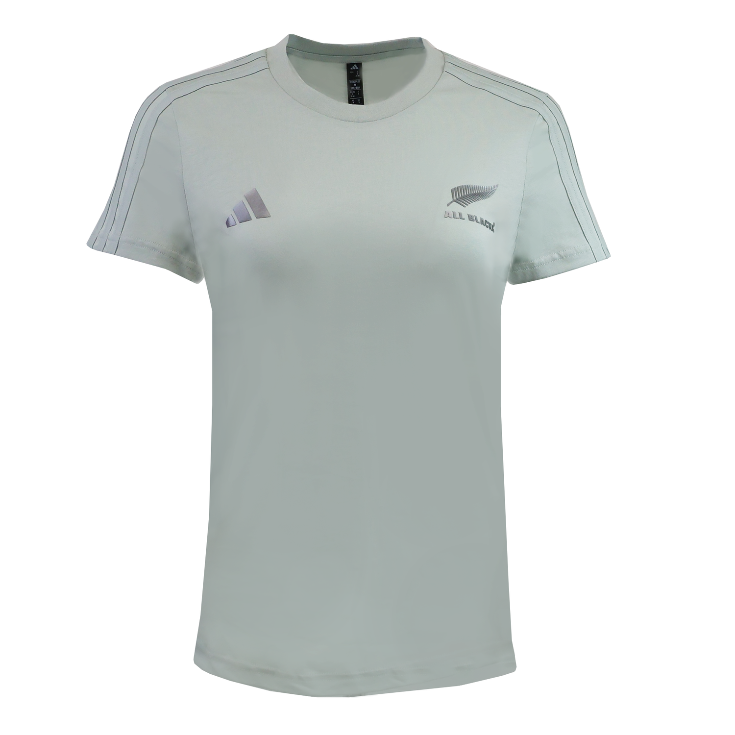 The Women’s All Blacks 24/25 Fan Tee by adidas is a light grey, short-sleeved top featuring the adidas logo on the left chest and All Blacks logo on the right—ideal for New Zealand supporters.