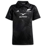 The adidas All Blacks Home Jersey 23/24 in black showcases the ALTRAD sponsor logo and is crafted using Parley Ocean Plastic material. It features subtle hand-drawn fern designs and a polo collar, resulting in an elegant yet durable appearance.