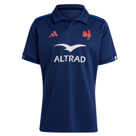 The France FFR 25/26 Replica Home Jersey by adidas is a dark blue short-sleeve shirt with a collar, featuring the French rooster emblem, adidas logo, and "ALTRAD" sponsor on the front.