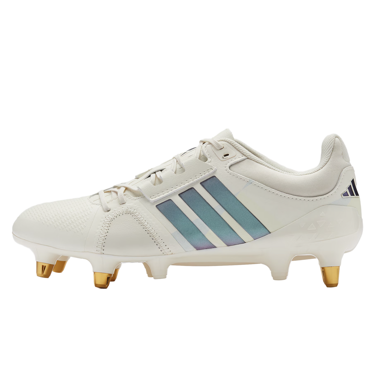 The adidas Women's RS15 Avaglide SG rugby boot in Off White/Grey Five features a soft ground sole and is shown side-on against a plain backdrop.