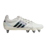 The adidas Kakari Avaglide SG rugby boot in Off White/Grey Five features black stripes and six metal studs for soft ground, shown against a plain white background.