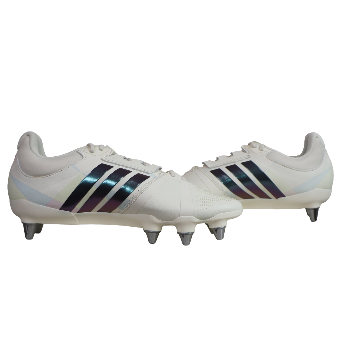 A pair of adidas Kakari Avaglide SG rugby boots in Off White/Grey Five/Off White, designed for soft ground with metal studs, are placed side by side on a plain white background.
