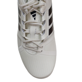 The adidas Kakari Avaglide SG rugby boot in Off White/Grey Five/Off White features black side stripes, a textured toe area, and is designed for soft ground performance.