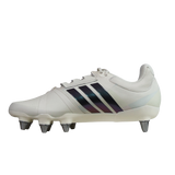 The adidas Kakari Avaglide SG rugby boot in Off White/Grey Five features soft ground studs and black adidas stripes, shown against a plain white background.