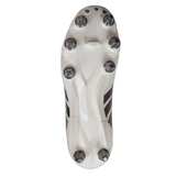 The image displays the sole of the adidas Kakari Avaglide SG rugby boot in Off White/Grey Five/Off White, featuring six metal studs for soft ground, viewed from the bottom against a plain background.