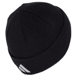 The All Blacks 24/25 Fisherman Beanie by adidas features a black knit design with a white adidas logo on its folded edge, bringing to mind the iconic style cherished by rugby heroes and All Blacks fans, as viewed from the side.