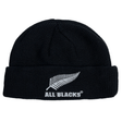 A stylish adidas beanie in black, featuring a white fern leaf and the iconic "All Blacks" text, celebrating rugby heroes.