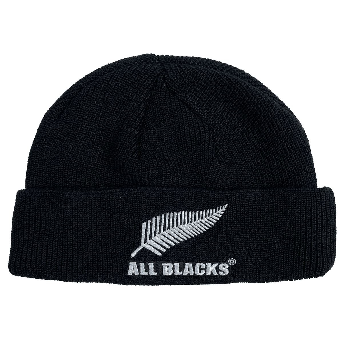 A stylish adidas beanie in black, featuring a white fern leaf and the iconic "All Blacks" text, celebrating rugby heroes.
