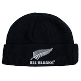 A stylish adidas beanie in black, featuring a white fern leaf and the iconic "All Blacks" text, celebrating rugby heroes.