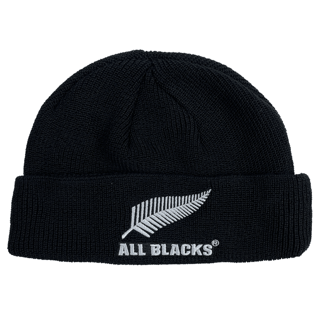 A stylish adidas beanie in black, featuring a white fern leaf and the iconic "All Blacks" text, celebrating rugby heroes.