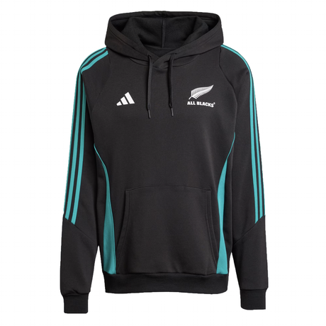 The adidas All Blacks 25/26 Training Hoodie in black and teal features a kangaroo pocket, drawstring hood, and front All Blacks logo—ideal for rugby fans.