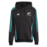 The adidas All Blacks 25/26 Training Hoodie in black and teal features a kangaroo pocket, drawstring hood, and front All Blacks logo—ideal for rugby fans.