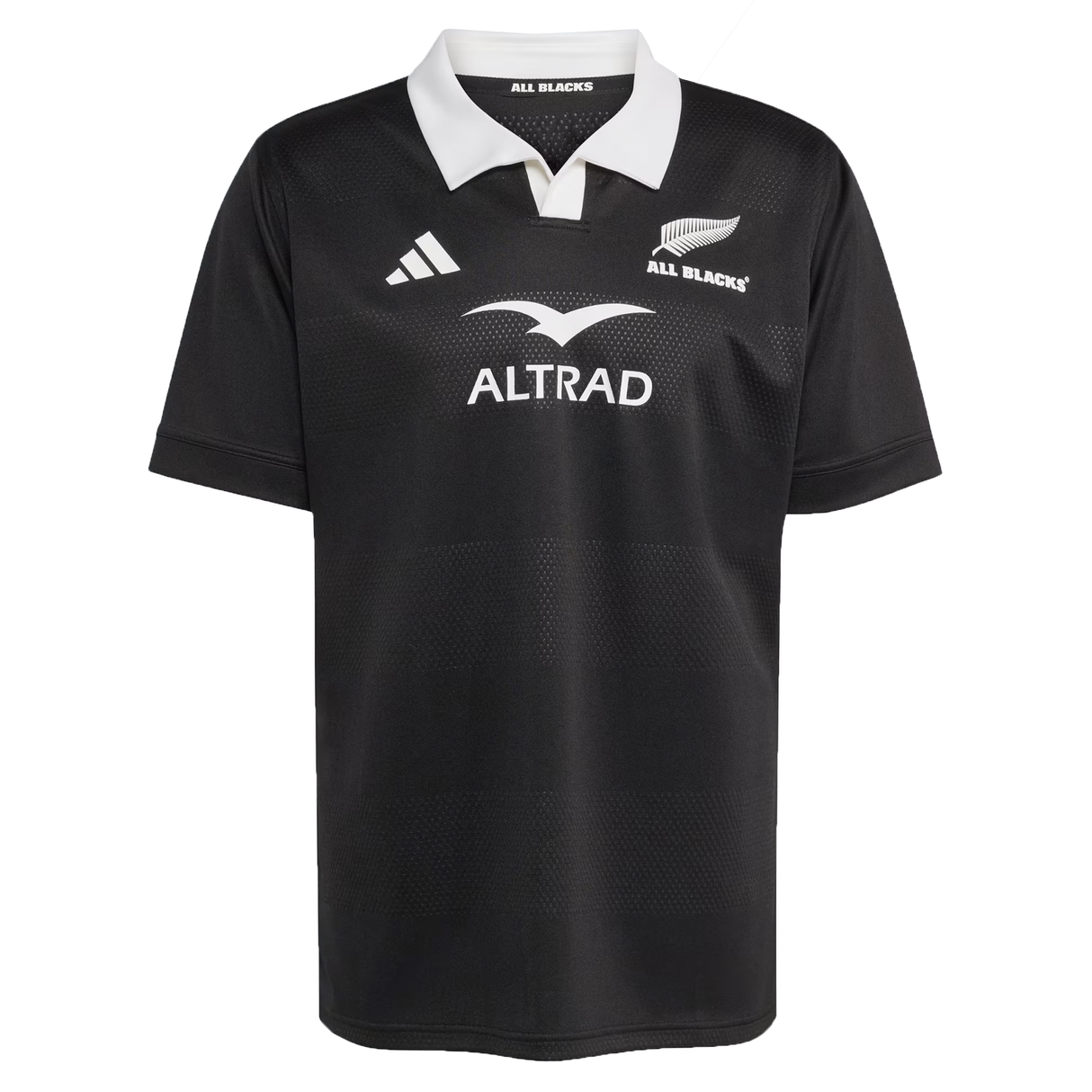 The All Blacks 25/26 Replica Home Jersey by adidas is a black short-sleeve jersey made from recycled polyester, featuring a white collar, adidas logo, silver fern All Blacks logo, and "ALTRAD" sponsor text on the chest.