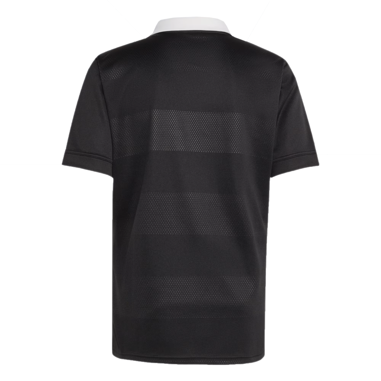 Back view of the adidas All Blacks 25/26 Replica Home Jersey, a short-sleeve black sports shirt with subtle horizontal stripes and a white collar, made from recycled polyester, shown against a plain white background.