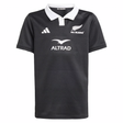 The Youth All Blacks 25/26 Replica Home Jersey by adidas features a black short-sleeve design with a white collar, adidas logo, and ALTRAD sponsor branding—perfect for young fans supporting their team.