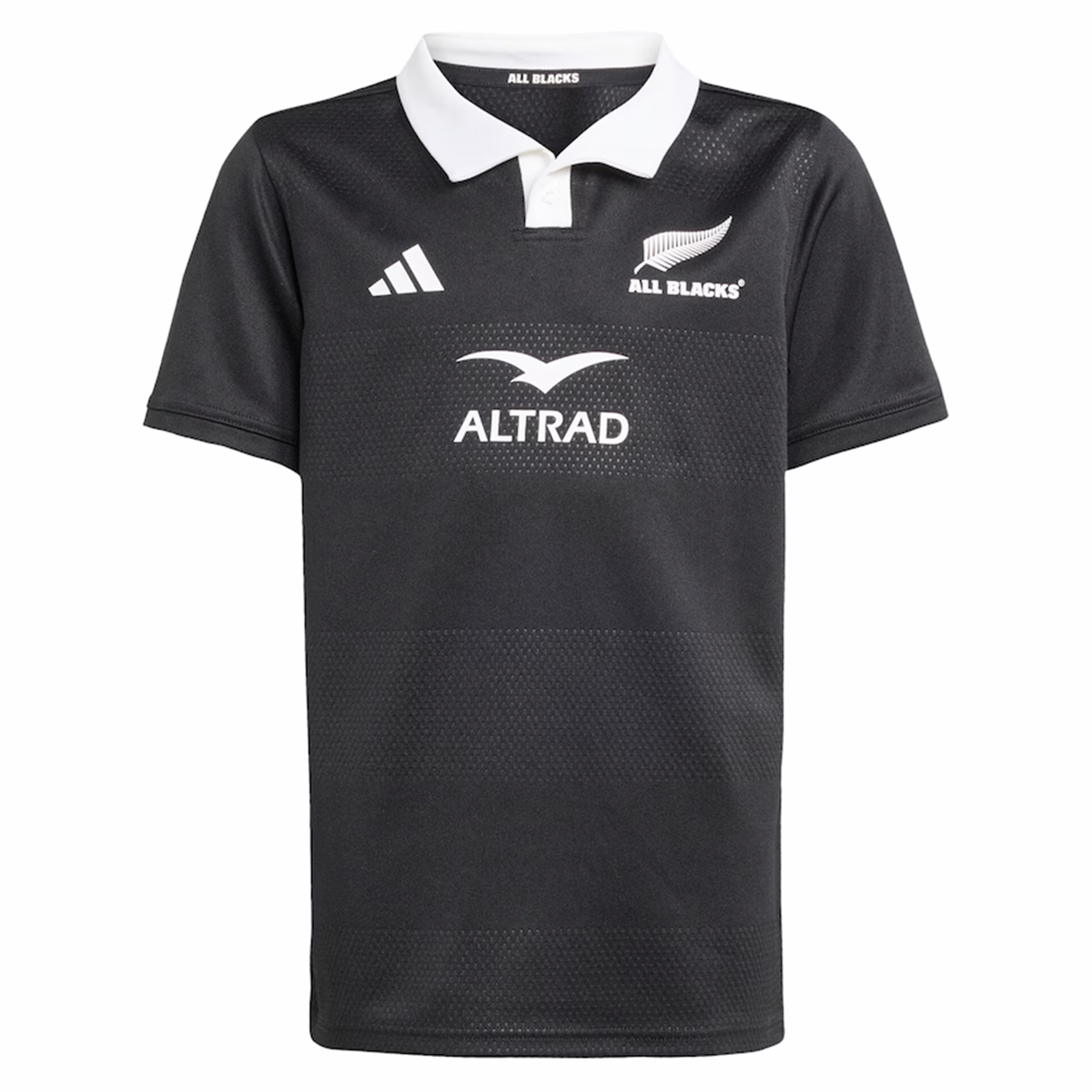 The Youth All Blacks 25/26 Replica Home Jersey by adidas features a black short-sleeve design with a white collar, adidas logo, and ALTRAD sponsor branding—perfect for young fans supporting their team.