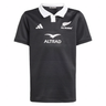 The Youth All Blacks 25/26 Replica Home Jersey by adidas features a black short-sleeve design with a white collar, adidas logo, and ALTRAD sponsor branding—perfect for young fans supporting their team.