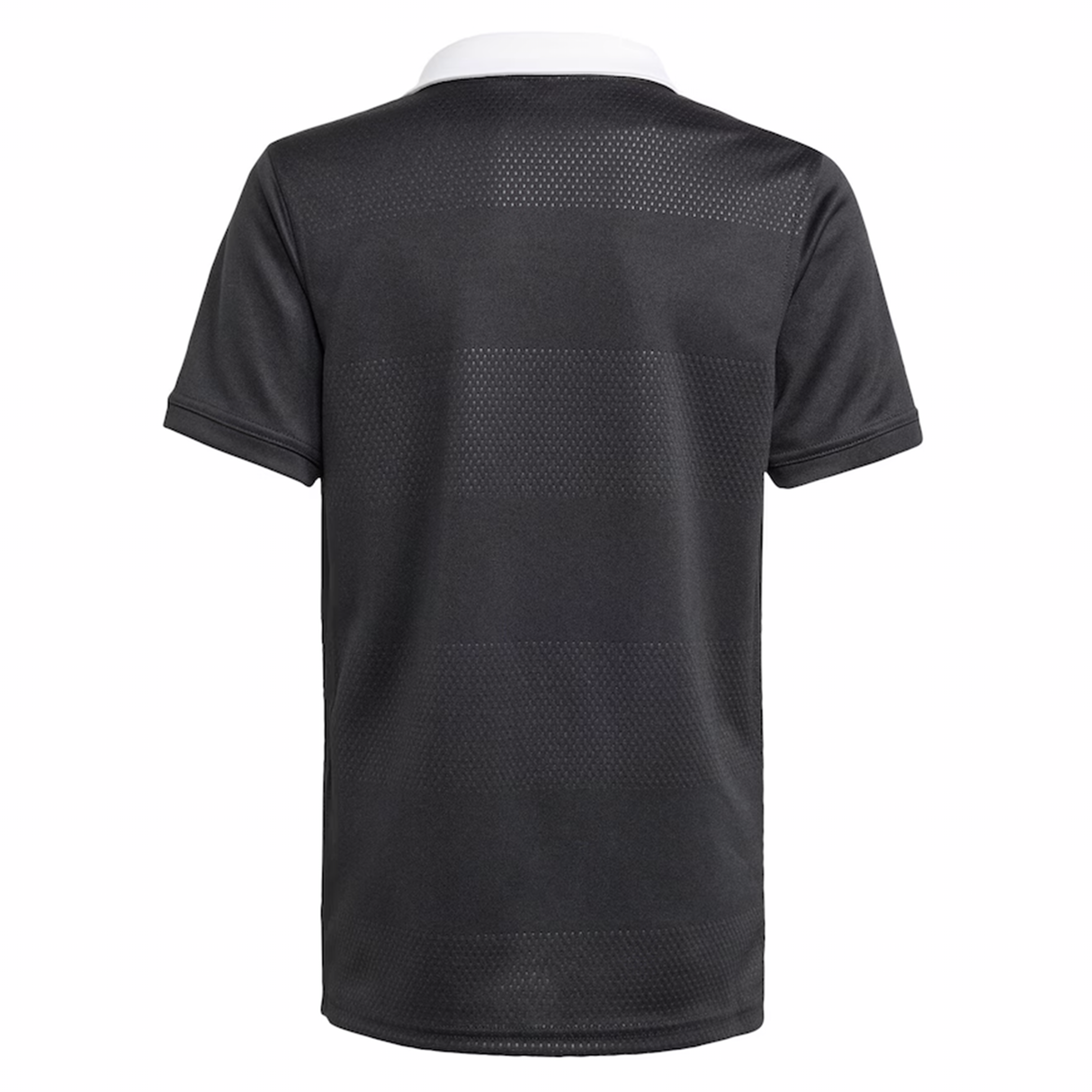 The adidas Youth All Blacks 25/26 Replica Home Jersey is shown from the back, featuring a black design with a white collar and subtle dotted and striped patterns inspired by the classic All Blacks jersey.