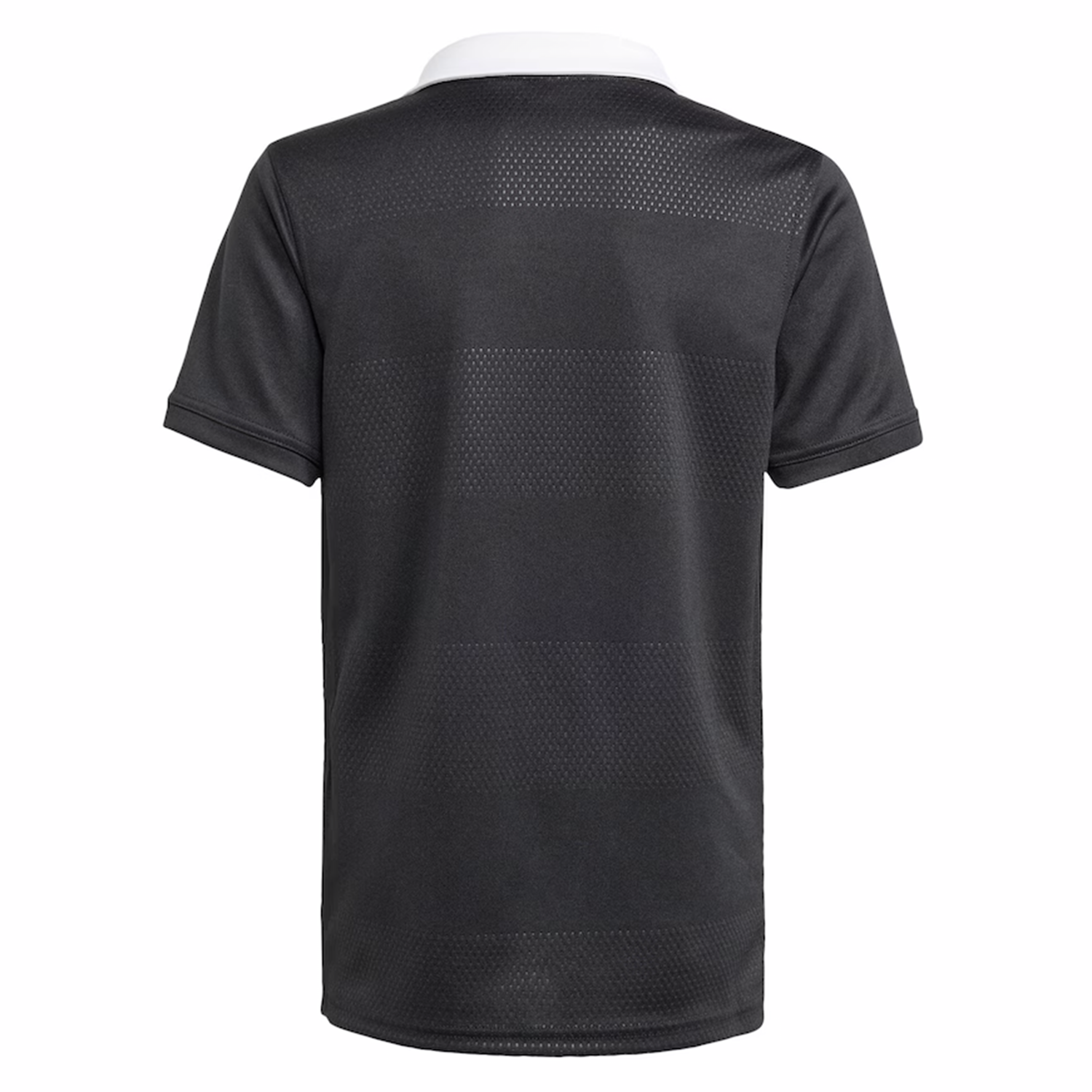 The adidas Youth All Blacks 25/26 Replica Home Jersey is shown from the back, featuring a black design with a white collar and subtle dotted and striped patterns inspired by the classic All Blacks jersey.