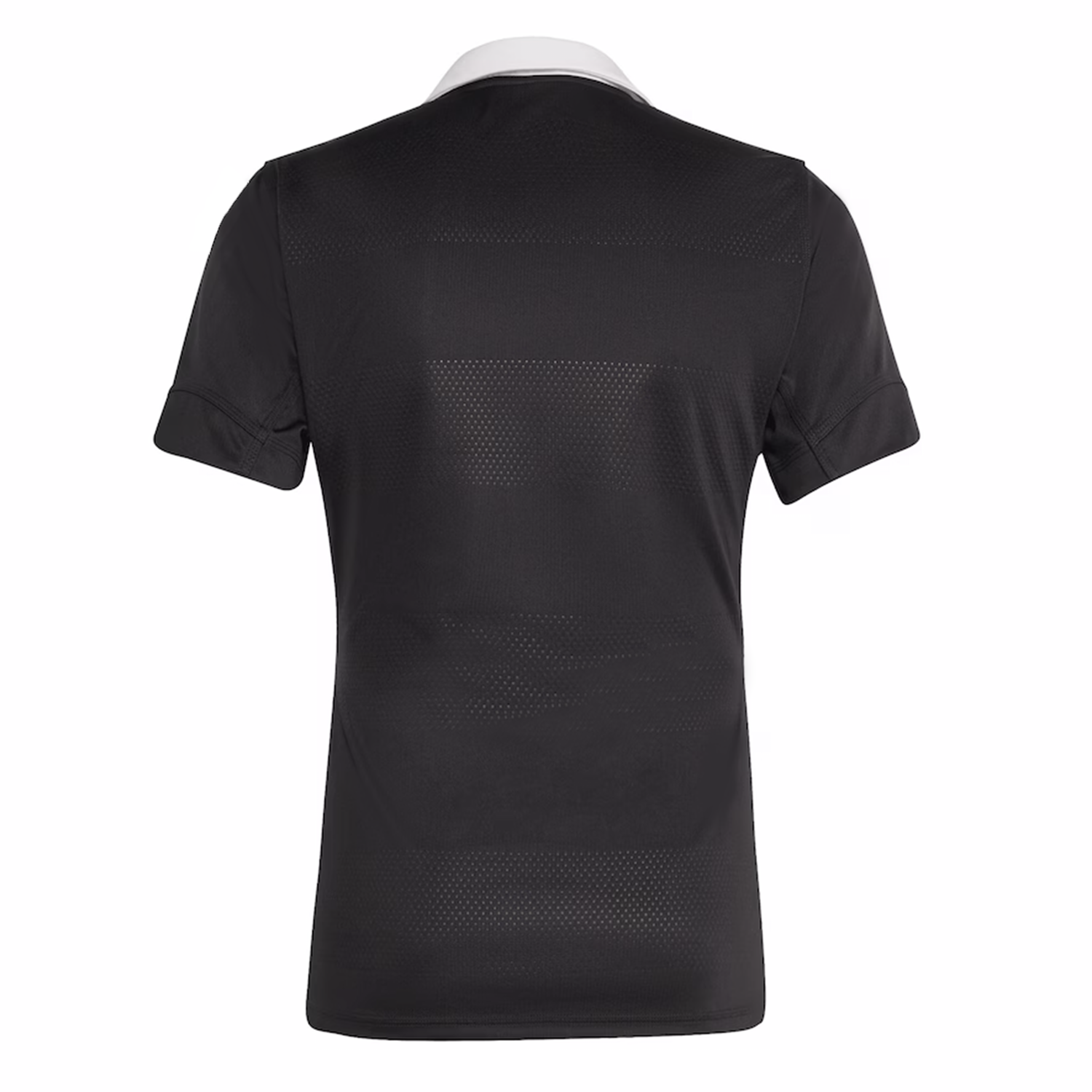 The All Blacks 25/26 Performance Home Jersey by adidas features a black short-sleeve design with a white collar, inspired by the iconic team's look, and is shown here from the back.