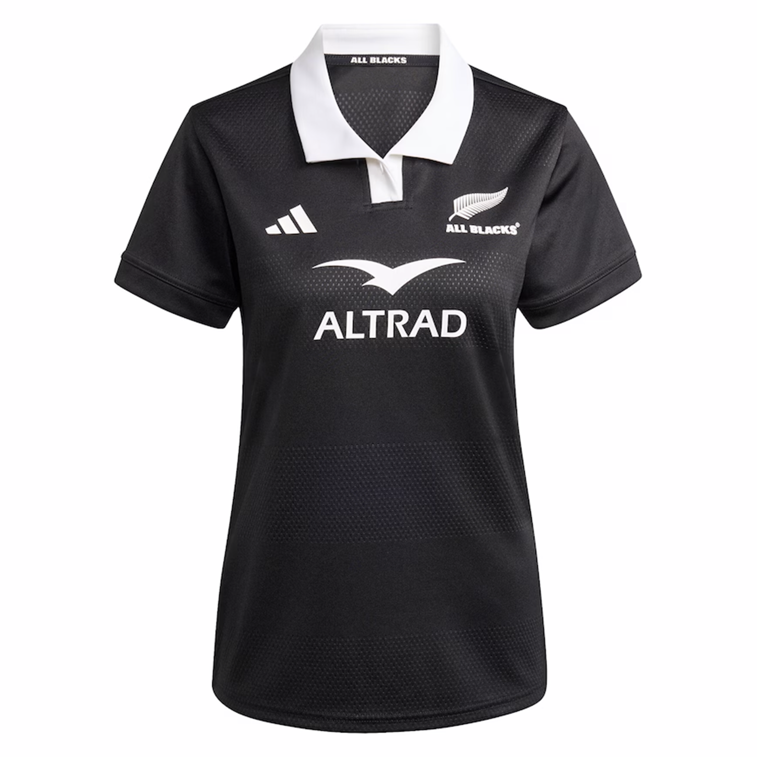 Show your support with the Women's All Blacks 25/26 Replica Home Jersey by adidas—featuring a white collar, team and adidas logos, plus "ALTRAD" sponsor text. The perfect black rugby shirt for passionate fans.