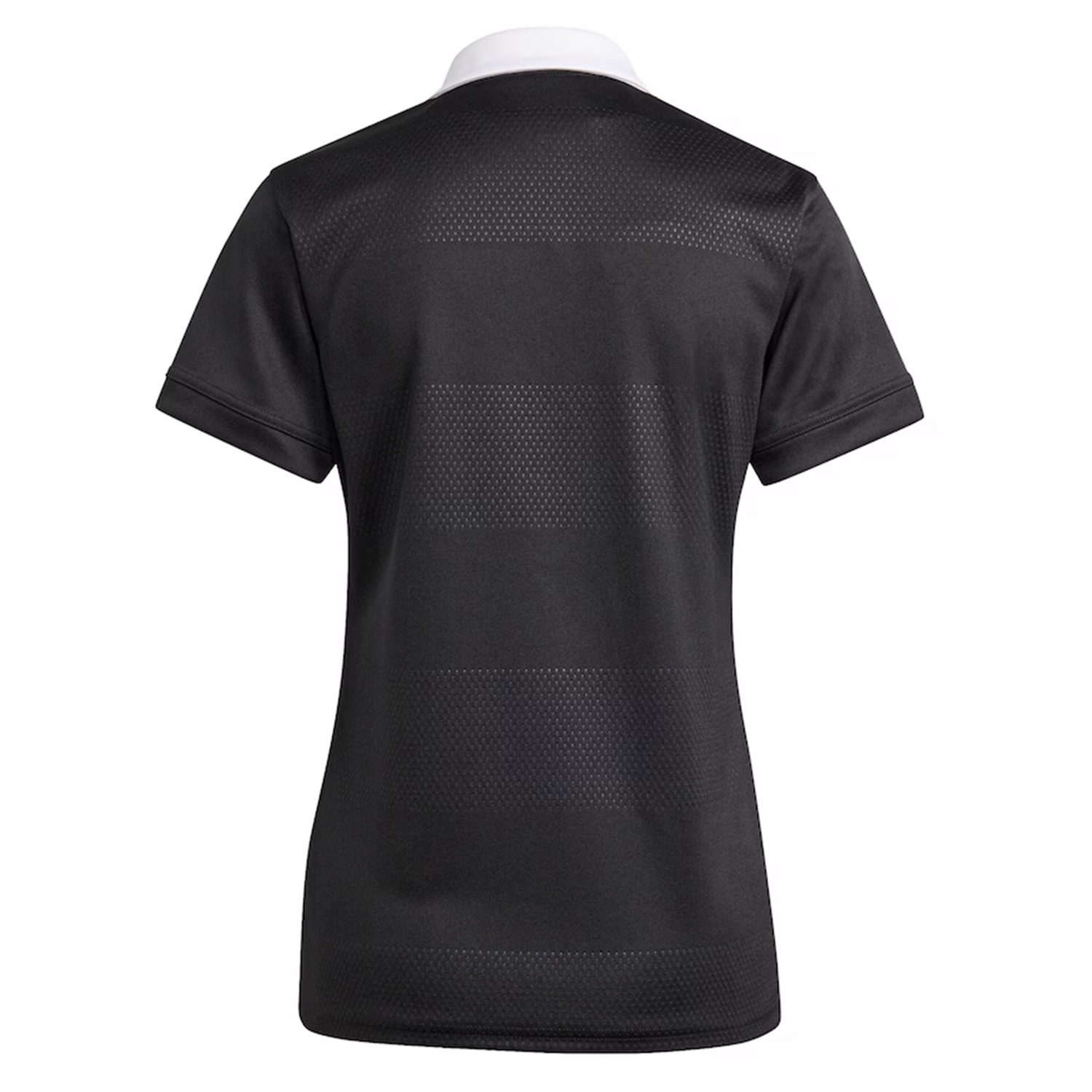 The adidas Women's All Blacks 25/26 Replica Home Jersey features short sleeves, subtle black horizontal stripes, and a white collar, shown from the back.