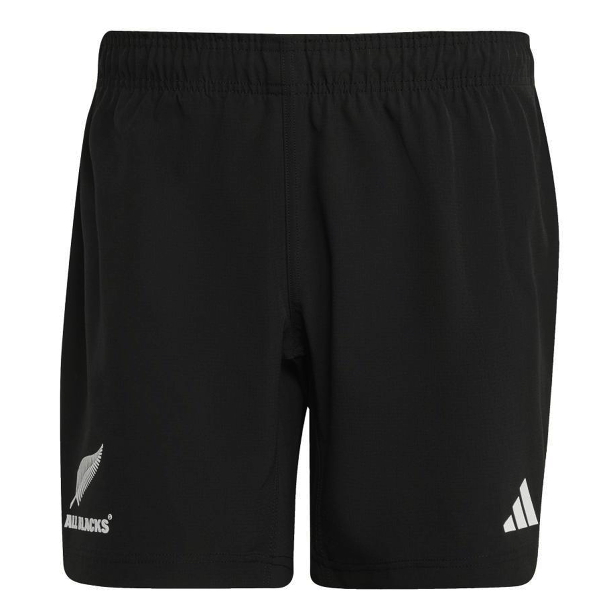 The All Blacks 25/26 Replica Home Shorts by adidas feature an elastic waistband, the iconic silver fern on the left leg, and the adidas logo on the right—perfect performance rugby shorts for any All Blacks fan.