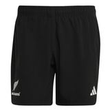 The All Blacks 25/26 Replica Home Shorts by adidas feature an elastic waistband, the iconic silver fern on the left leg, and the adidas logo on the right—perfect performance rugby shorts for any All Blacks fan.