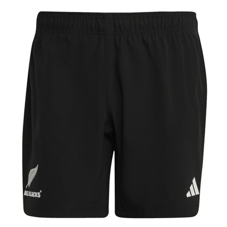 The All Blacks 25/26 Replica Home Shorts by adidas feature an elastic waistband, the iconic silver fern on the left leg, and the adidas logo on the right—perfect performance rugby shorts for any All Blacks fan.