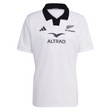 The adidas All Blacks 25/26 Replica Away Jersey features a white design with a black collar, team and sponsor logos, and adidas branding—ideal as an official All Blacks away rugby jersey.