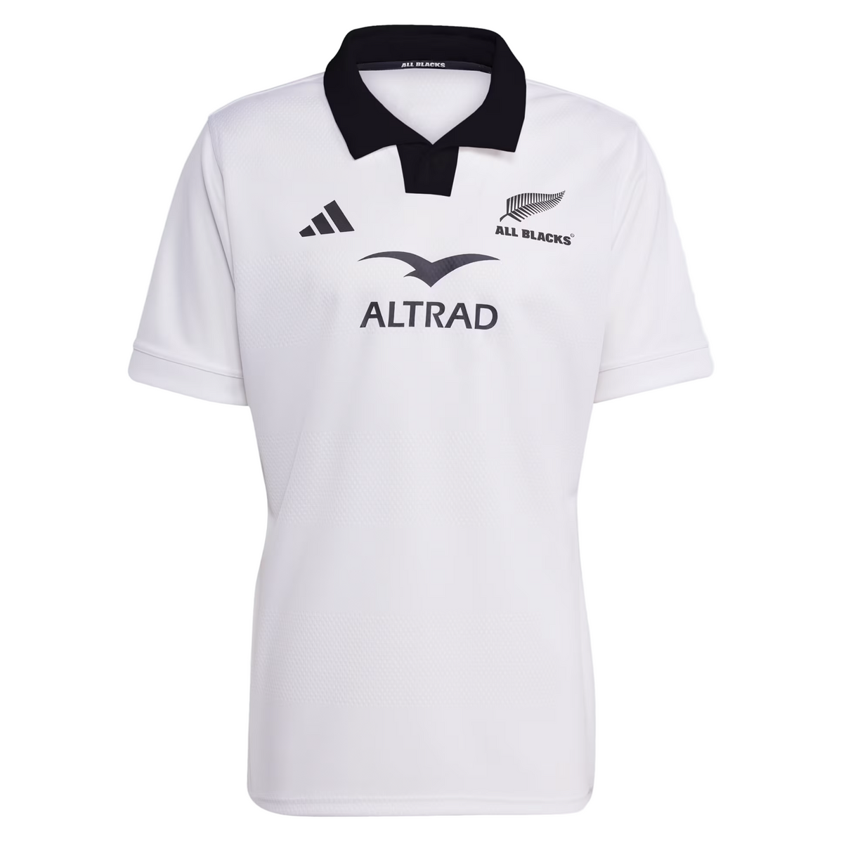 The adidas All Blacks 25/26 Replica Away Jersey features a white design with a black collar, team and sponsor logos, and adidas branding—ideal as an official All Blacks away rugby jersey.
