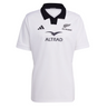 The adidas All Blacks 25/26 Replica Away Jersey features a white design with a black collar, team and sponsor logos, and adidas branding—ideal as an official All Blacks away rugby jersey.