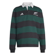 The All Blacks 25/26 Long Sleeve Heritage Polo by adidas features dark green and black stripes, a white collar, and adidas and All Blacks logos, blending classic rugby style with adidas heritage details.
