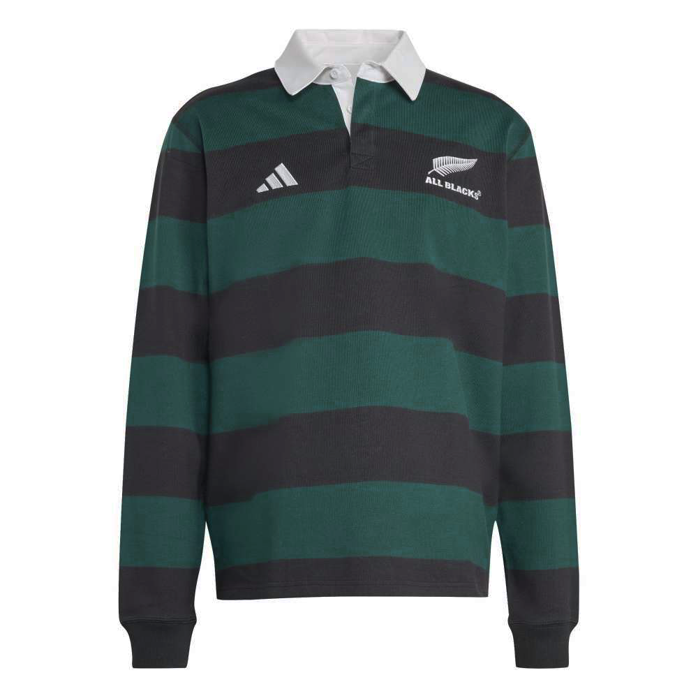 The All Blacks 25/26 Long Sleeve Heritage Polo by adidas features dark green and black stripes, a white collar, and adidas and All Blacks logos, blending classic rugby style with adidas heritage details.