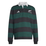 The All Blacks 25/26 Long Sleeve Heritage Polo by adidas features dark green and black stripes, a white collar, and adidas and All Blacks logos, blending classic rugby style with adidas heritage details.