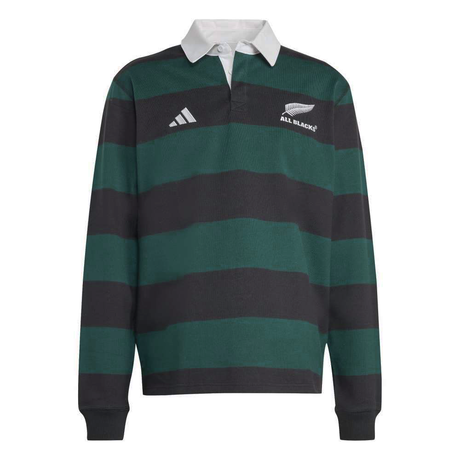 The All Blacks 25/26 Long Sleeve Heritage Polo by adidas features dark green and black stripes, a white collar, and adidas and All Blacks logos, blending classic rugby style with adidas heritage details.