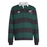 The All Blacks 25/26 Long Sleeve Heritage Polo by adidas features dark green and black stripes, a white collar, and adidas and All Blacks logos, blending classic rugby style with adidas heritage details.