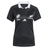 The Women's Black Ferns WRWC25 Replica Home Jersey by adidas features a white collar and displays the Women's Rugby World Cup and Black Ferns logos on the chest—a perfect replica for fans.