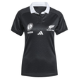 The Women's Black Ferns WRWC25 Replica Home Jersey by adidas features a white collar and displays the Women's Rugby World Cup and Black Ferns logos on the chest—a perfect replica for fans.