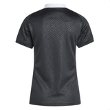 The Women's Black Ferns WRWC25 Replica Home Jersey by adidas features short sleeves, a white collar, and a subtle geometric back pattern, inspired by the Black Ferns jersey. Shown on a plain background.
